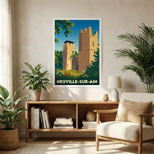 Affiche souvenir de la ville de Neuville-sur-Ain représentant son patrimoine historique dans un style illustré et coloré.