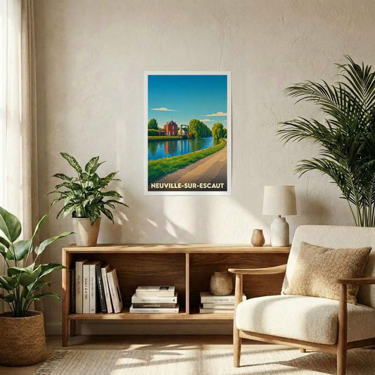 Affiche souvenir de la ville de Neuville-sur-Escaut avec une illustration stylisée d'un paysage fluvial.