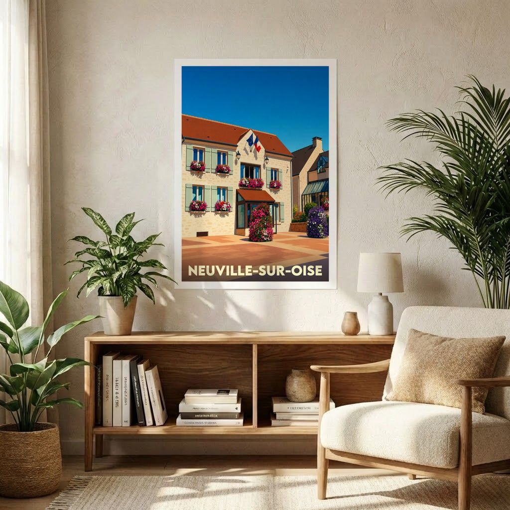 Affiche souvenir de la ville de Neuville-sur-Oise avec une illustration stylisée d'un bâtiment fleuri sous un ciel bleu.