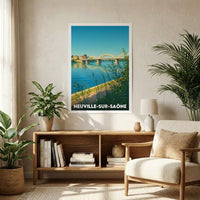 Affiche souvenir de la ville de Neuville-sur-Saône avec une illustration stylisée de son pont et de la rivière.