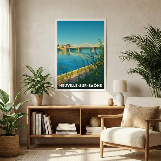 Affiche souvenir de la ville de Neuville-sur-Saône avec une illustration stylisée de son pont et de la rivière.