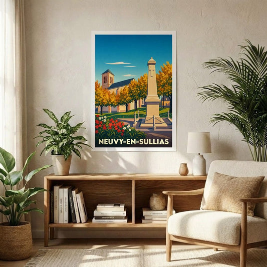 Affiche souvenir de la ville de Neuvy-en-Sullias avec une illustration stylisée d'un monument et de l'église locale.