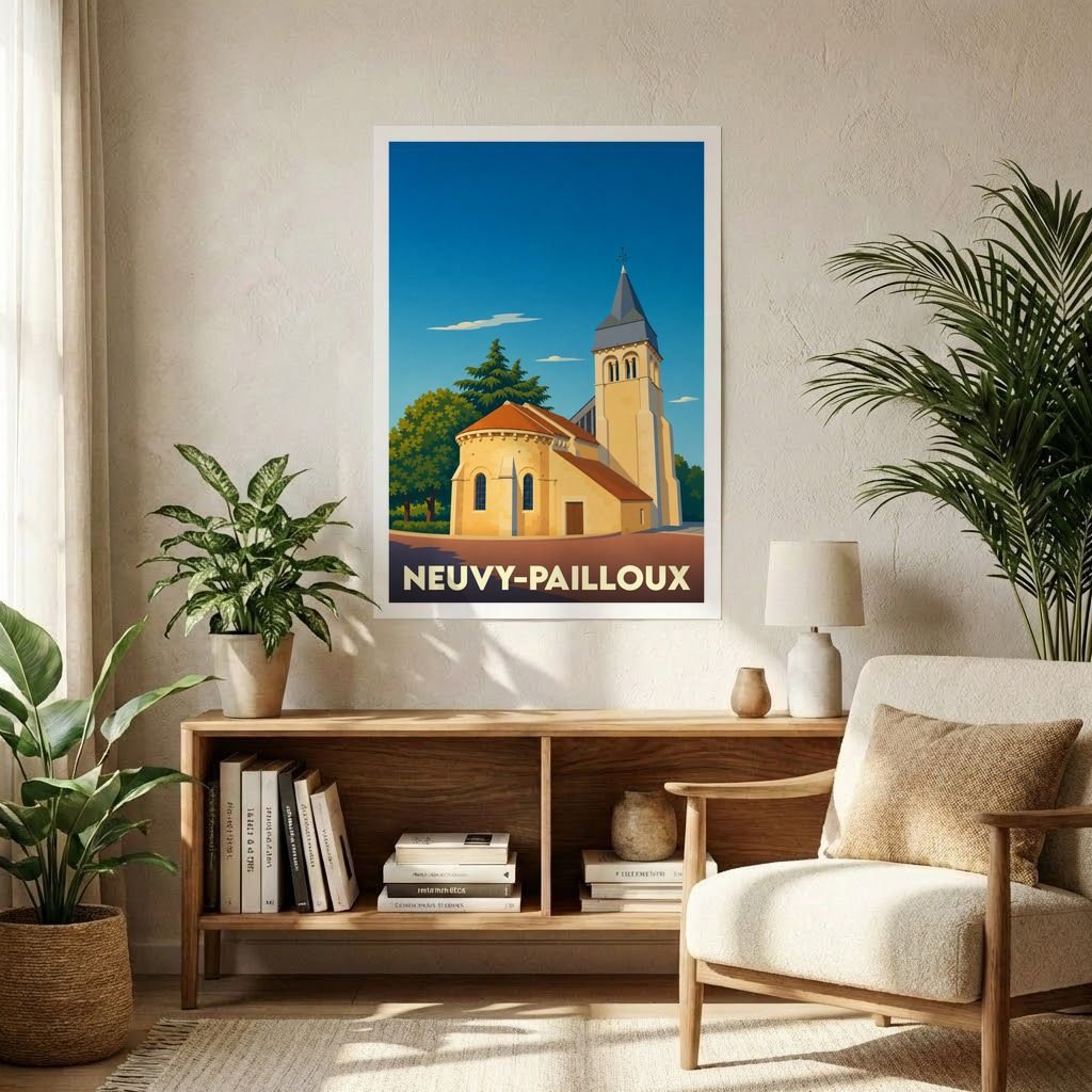 Affiche souvenir de la ville de Neuvy-Pailloux avec une illustration stylisée de son église romane.