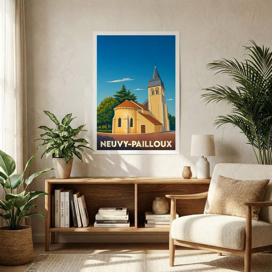 Affiche souvenir de la ville de Neuvy-Pailloux avec une illustration stylisée de son église romane.