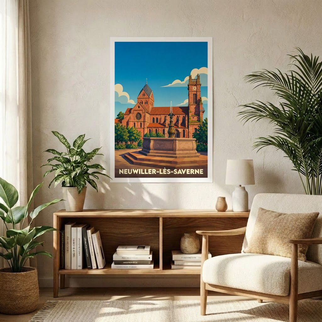 Affiche souvenir de la ville de Neuwiller-lès-Saverne avec une illustration stylisée de son église et de sa fontaine.