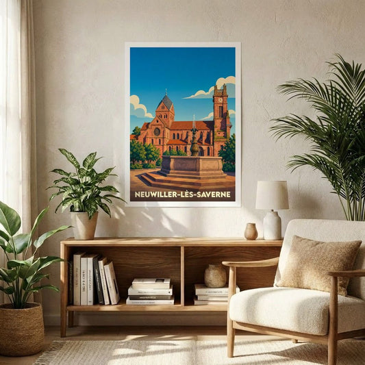 Affiche souvenir de la ville de Neuwiller-lès-Saverne avec une illustration stylisée de son église et de sa fontaine.