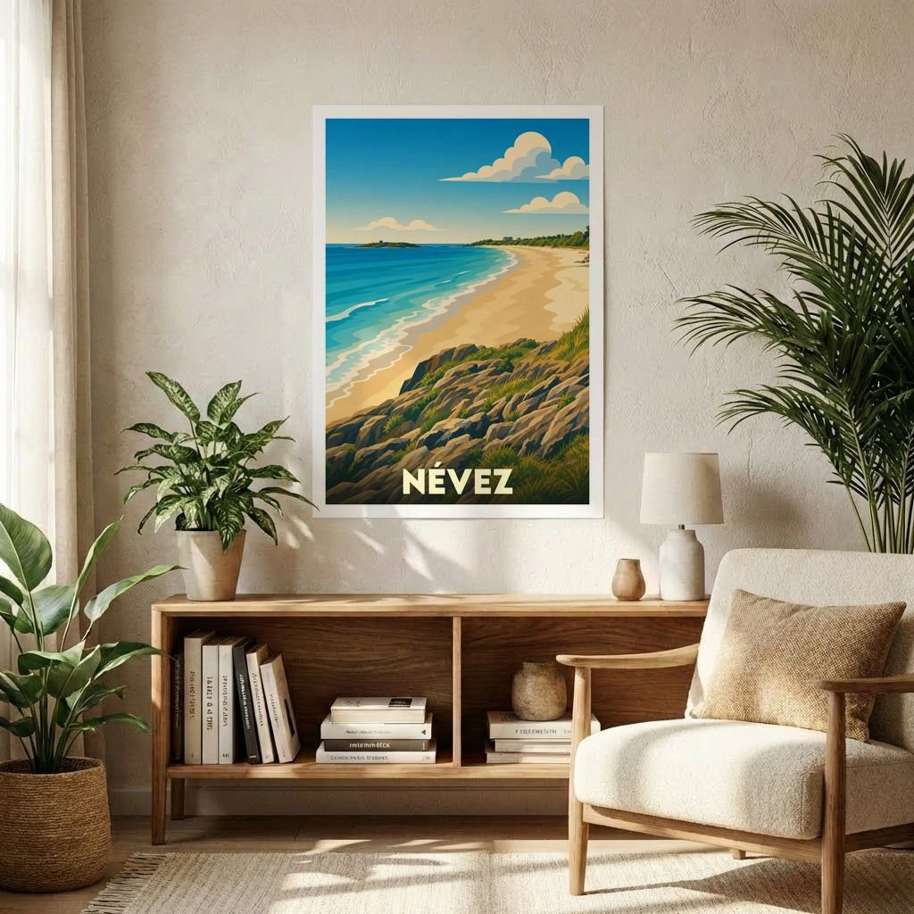 Affiche souvenir de la ville de Névez avec une illustration stylisée d'une plage bordée de falaises.