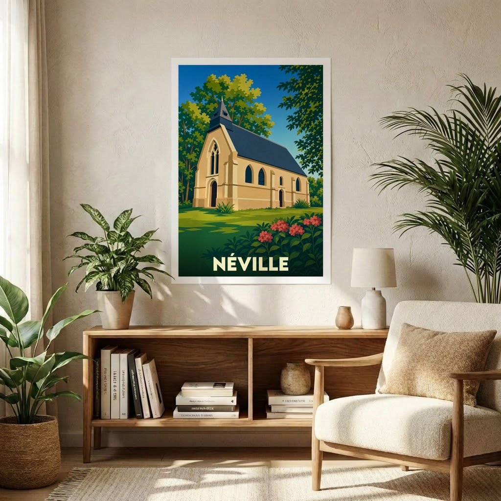 Affiche souvenir de la ville de Néville avec une illustration stylisée d'une église entourée de verdure.