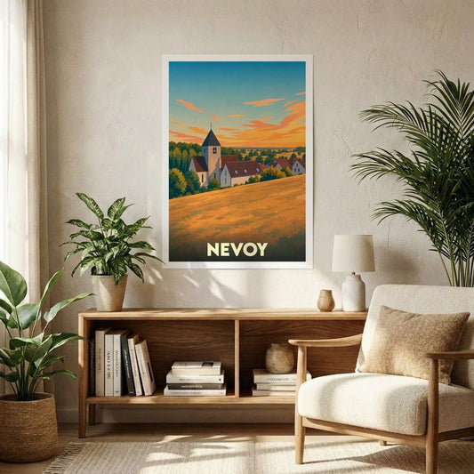 Affiche souvenir de la ville de Nevoy présentant une illustration stylisée d'une église et d'un paysage rural au coucher du soleil.