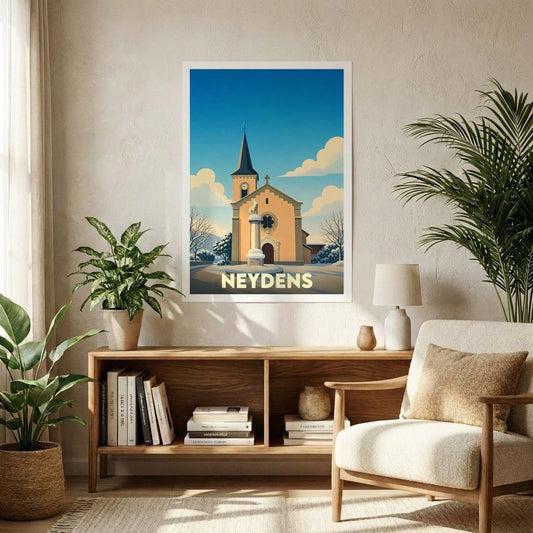 Affiche souvenir de la ville de Neydens avec une illustration stylisée d'une église sous un ciel azur.