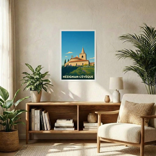 Affiche souvenir de la ville de Nézignan-l'Évêque avec une illustration stylisée.