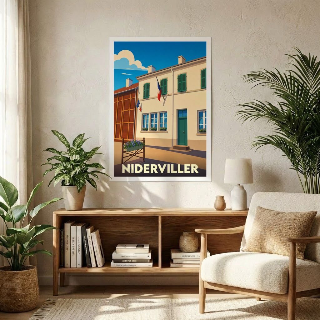 Affiche souvenir de la ville de Niderviller avec une illustration stylisée d'un bâtiment typique sous un ciel bleu.