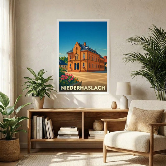 Affiche souvenir de la ville de Niederhaslach avec une illustration stylisée.