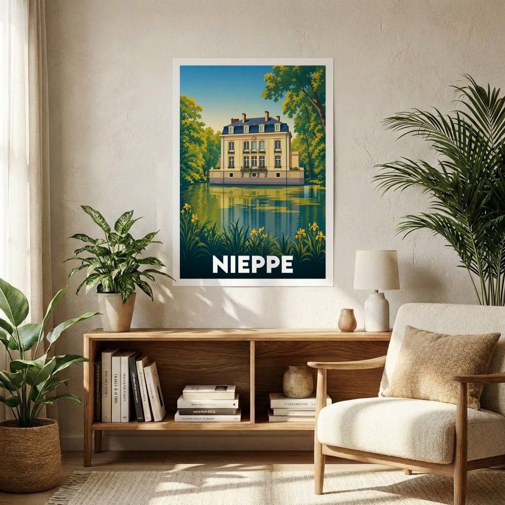 Affiche souvenir de la ville de Nieppe illustrant un château en bord de l'eau dans un style rétro.