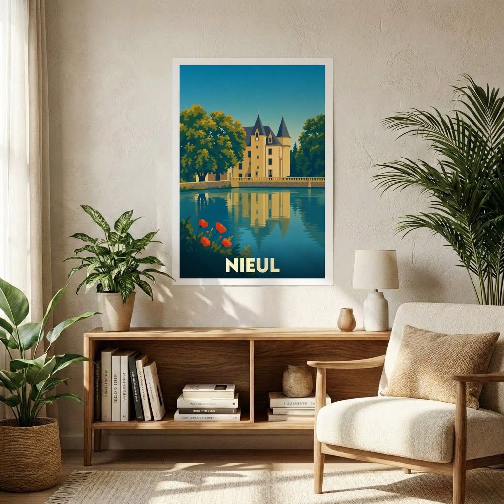 Affiche souvenir de la ville de Nieul présentant une illustration stylisée d'un château se reflétant sur l'eau.
