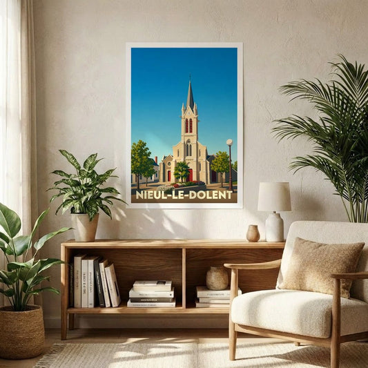 Affiche souvenir de la ville de Nieul-le-Dolent avec une illustration stylisée de son église sous un ciel bleu.
