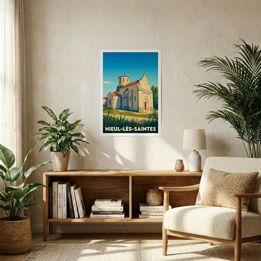 Affiche souvenir de la ville de Nieul-lès-Saintes avec une illustration stylisée de son église.
