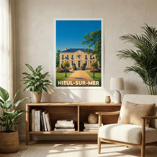 Affiche souvenir de la ville de Nieul-sur-Mer avec une illustration stylisée de sa mairie.