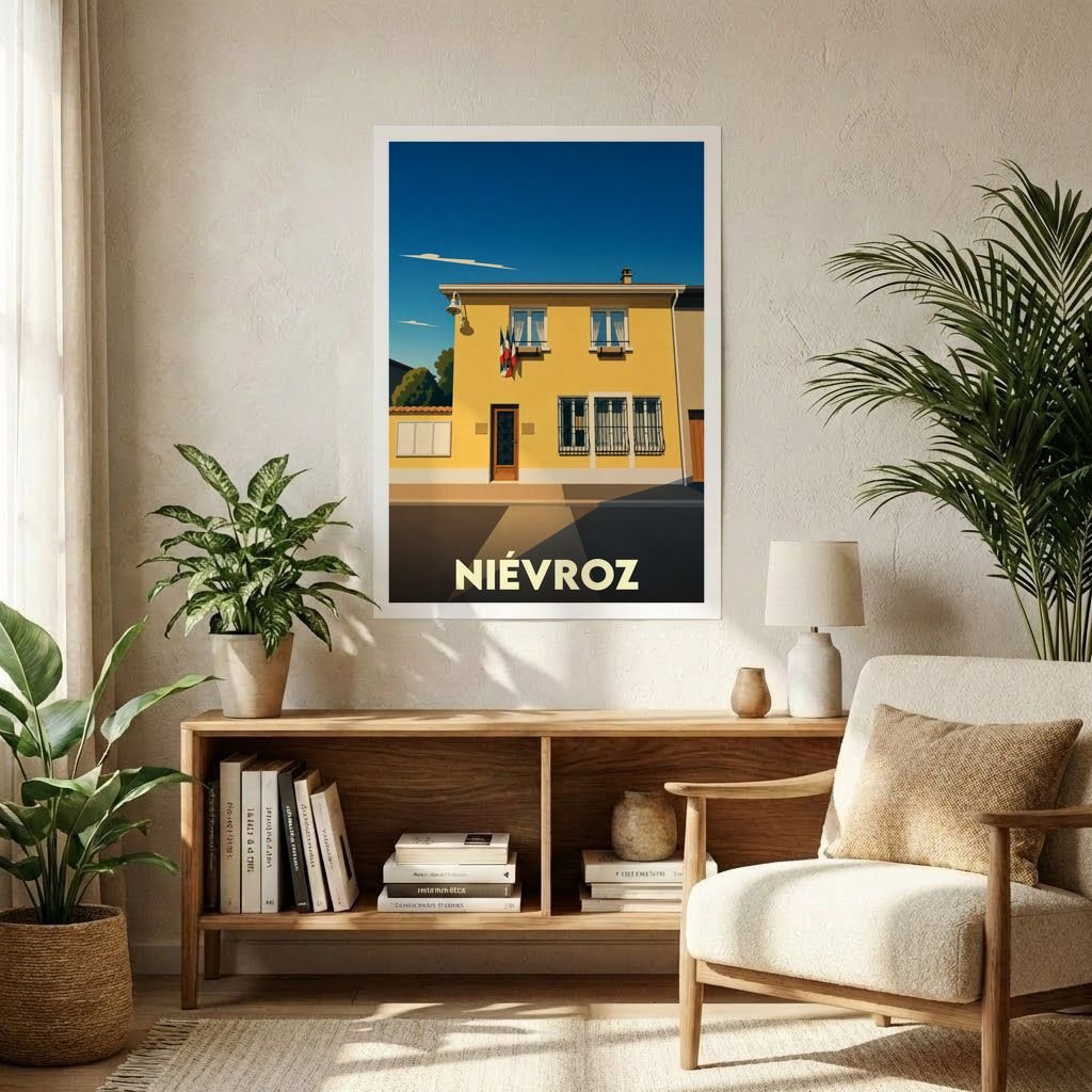 Affiche souvenir de la ville de Niévroz représentant une illustration stylisée et ensoleillée de sa mairie.