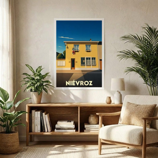 Affiche souvenir de la ville de Niévroz représentant une illustration stylisée et ensoleillée de sa mairie.