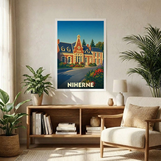 Affiche souvenir de la ville de Niherne illustrant son architecture traditionnelle dans un style vintage coloré.
