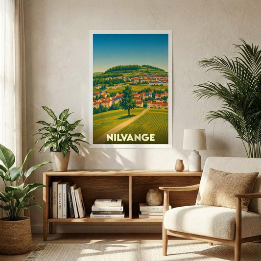 Affiche souvenir de la ville de Nilvange avec une illustration stylisée et colorée de ses paysages.
