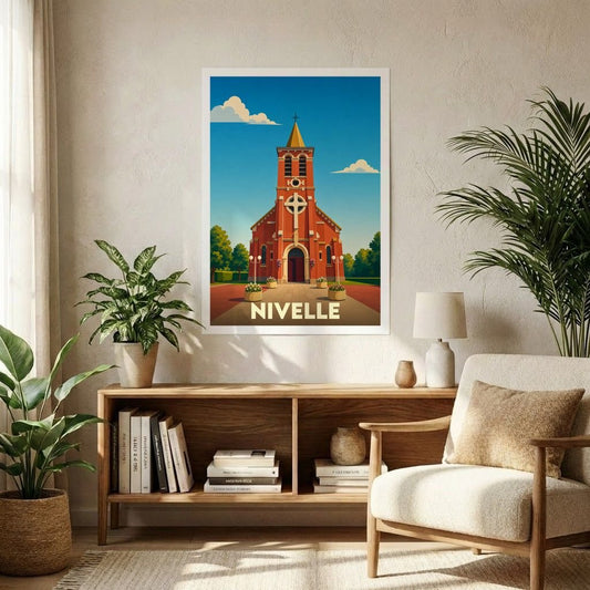 Affiche souvenir de la ville de Nivelle représentant une église stylisée sous un ciel bleu.