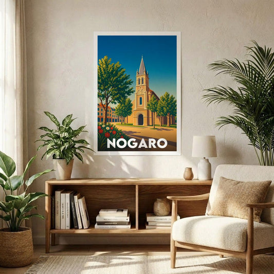 Affiche souvenir de la ville de Nogaro avec une illustration stylisée.
