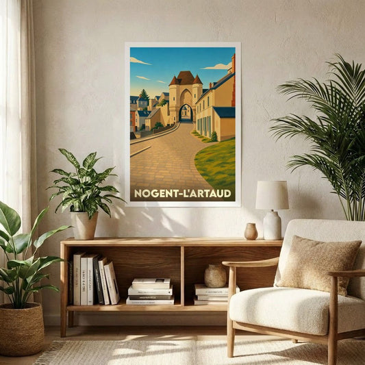 Affiche souvenir de la ville de Nogent-l'Artaud avec une illustration stylisée.