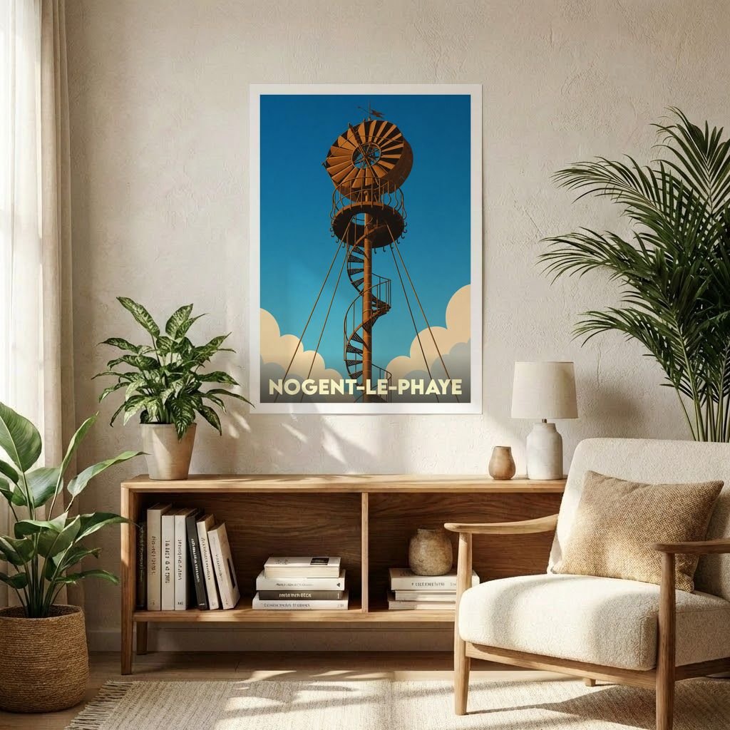 Affiche souvenir de la ville de Nogent-le-Phaye illustrant une éolienne Bolée stylisée sur fond de ciel bleu.