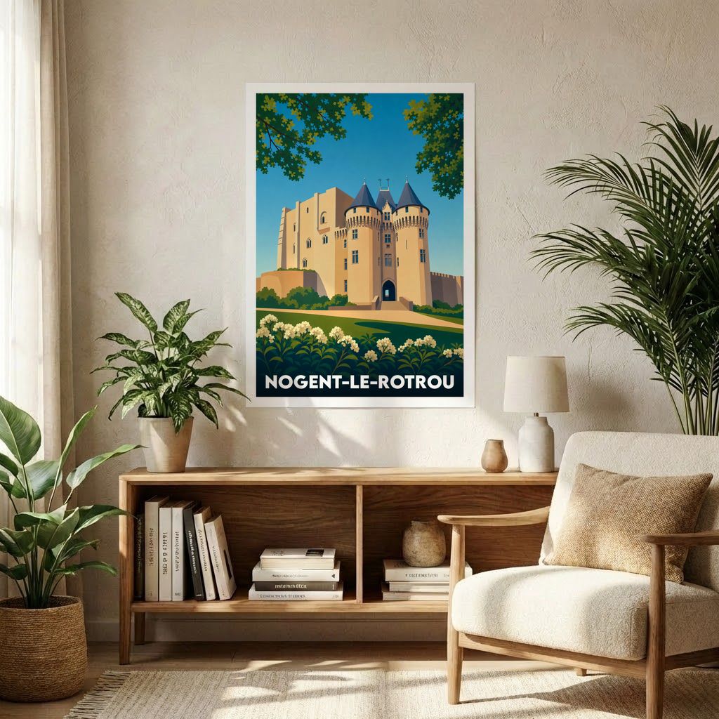 Affiche souvenir de la ville de Nogent-le-Rotrou représentant son château avec une illustration stylisée.
