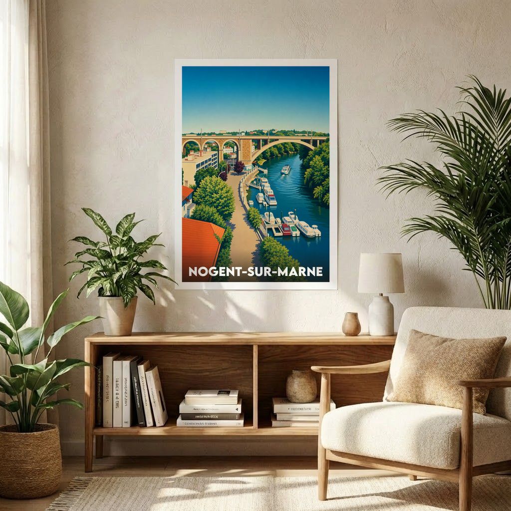 Affiche souvenir de la ville de Nogent-sur-Marne illustrant son célèbre viaduc et les bords de la Marne.