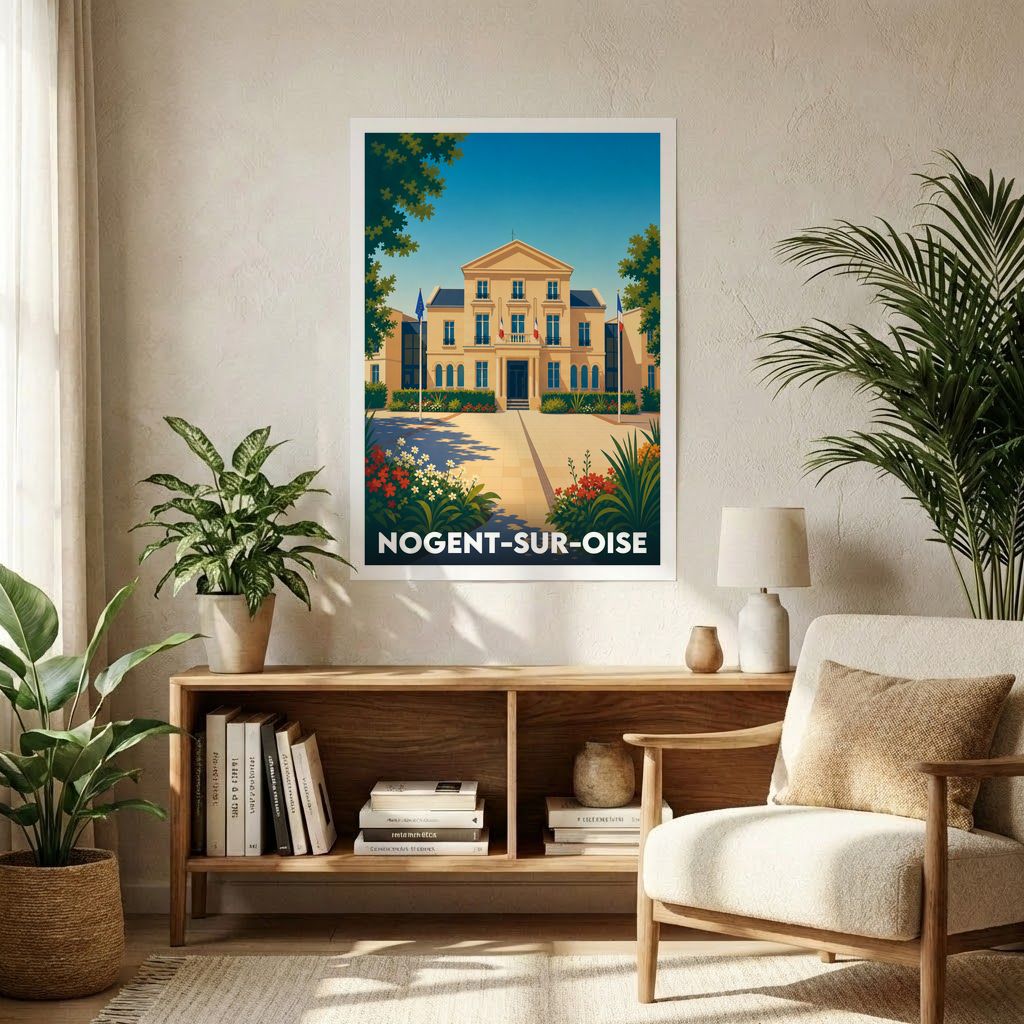 Affiche souvenir de la ville de Nogent-sur-Oise avec une illustration stylisée de son hôtel de ville.