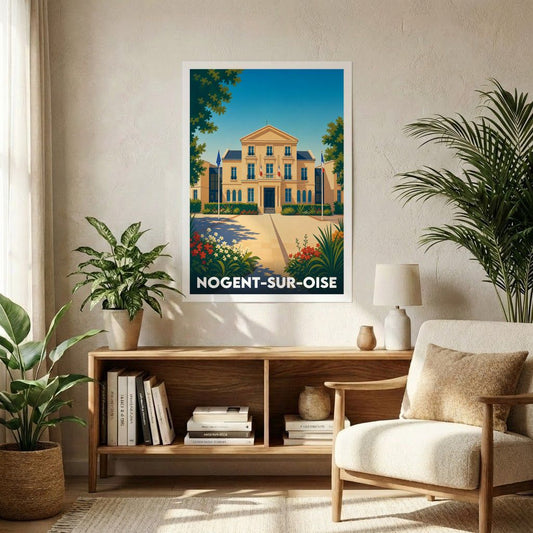Affiche souvenir de la ville de Nogent-sur-Oise avec une illustration stylisée de son hôtel de ville.