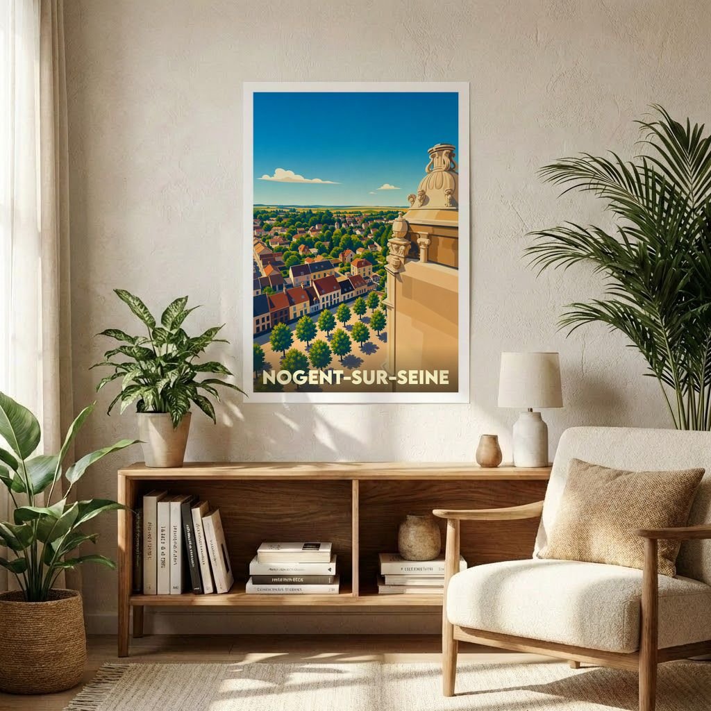 Affiche souvenir de la ville de Nogent-sur-Seine avec une illustration stylisée vue des toits.