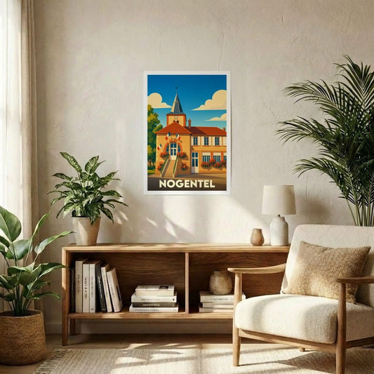 Affiche souvenir de la ville de Nogentel avec une illustration stylisée d'un bâtiment emblématique.