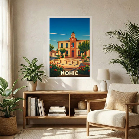 Affiche souvenir de la ville de Nohic avec une illustration stylisée de sa mairie.