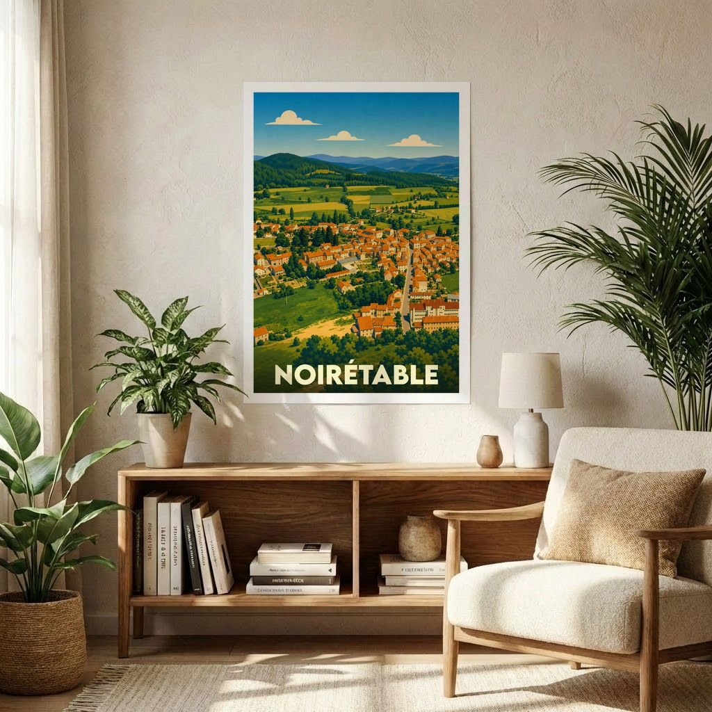 Affiche souvenir de la ville de Noirétable avec une illustration de paysage stylisée.