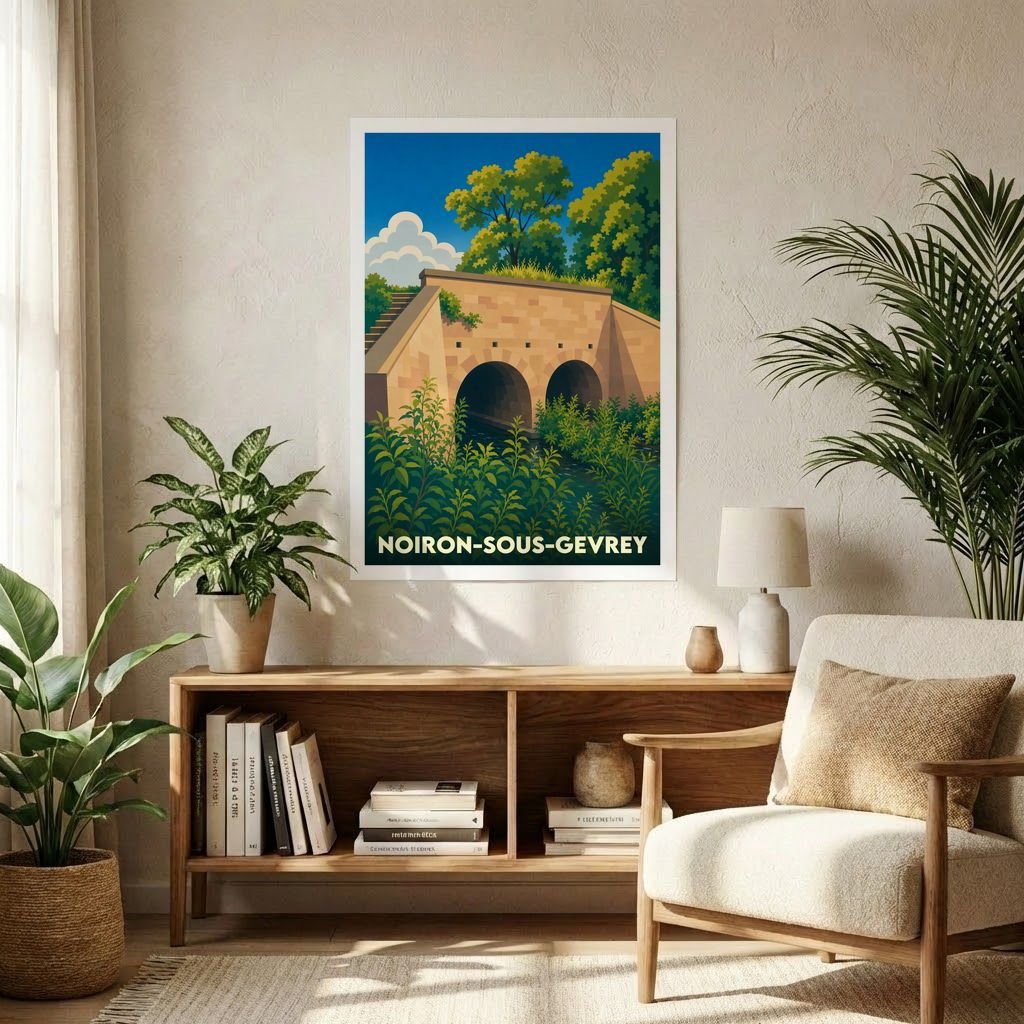 Affiche souvenir de la ville de Noiron-sous-Gevrey représentant un pont de pierre dans un style illustré.