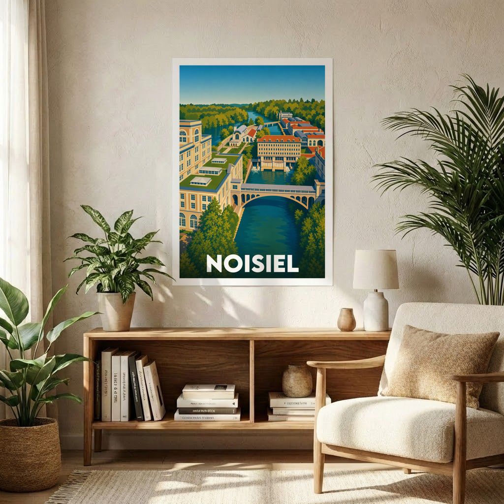 Affiche souvenir de la ville de Noisiel avec une illustration stylisée de son paysage urbain et fluvial.