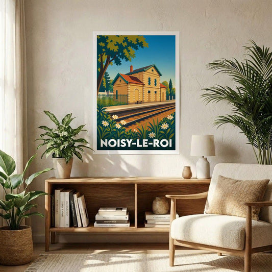 Affiche souvenir de la ville de Noisy-le-Roi avec une illustration stylisée de sa gare ferroviaire.