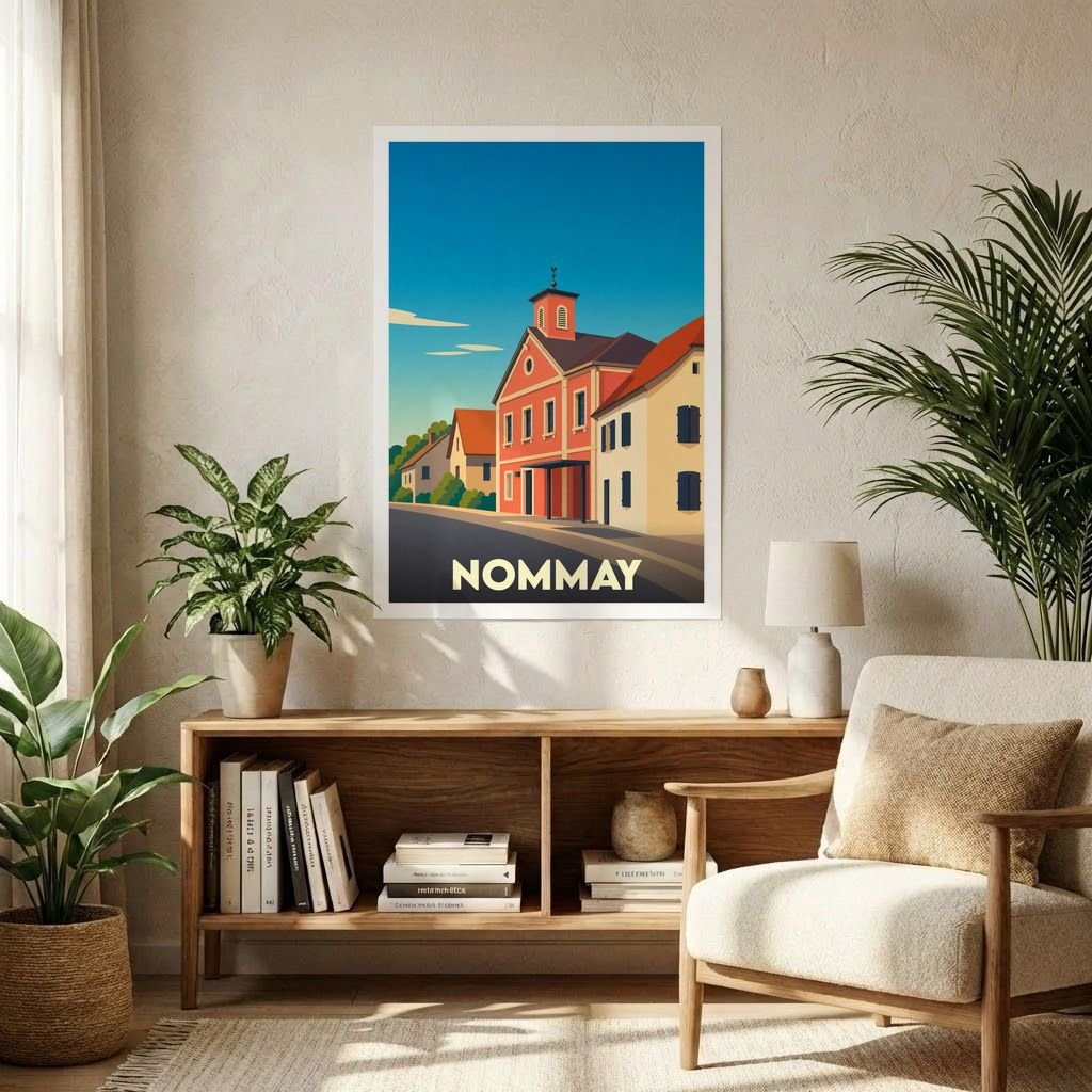 Affiche souvenir de la ville de Nommay avec une illustration stylisée et colorée de ses bâtiments typiques.