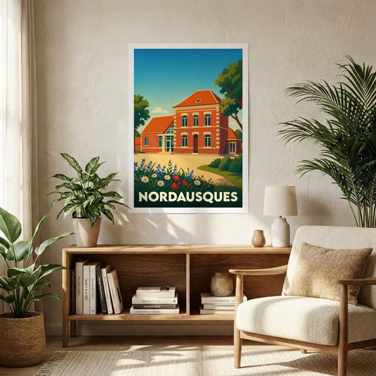 Affiche souvenir de la ville de Nordausques avec une illustration stylisée d'une demeure traditionnelle.