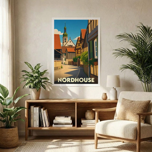 Affiche souvenir de la ville de Nordhouse illustrant une ruelle pittoresque aux maisons à colombages dans un style rétro.