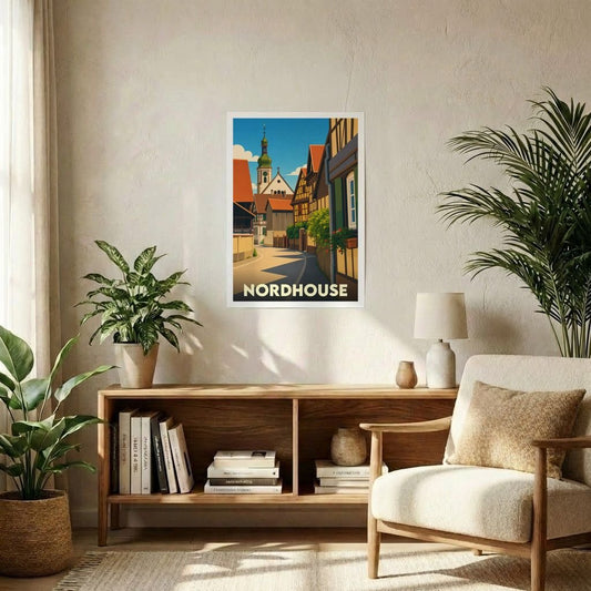 Affiche souvenir de la ville de Nordhouse présentant une illustration stylisée de ses maisons à colombages et de son église.