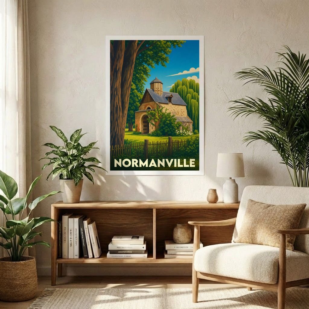 Affiche souvenir de la ville de Normanville avec une illustration stylisée d'un bâtiment en pierre dans un cadre verdoyant.
