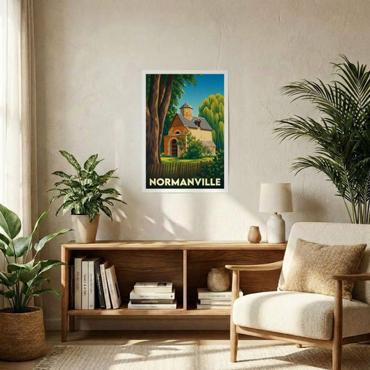 Affiche souvenir de la ville de Normanville avec une illustration stylisée d'un bâtiment historique dans un cadre verdoyant.