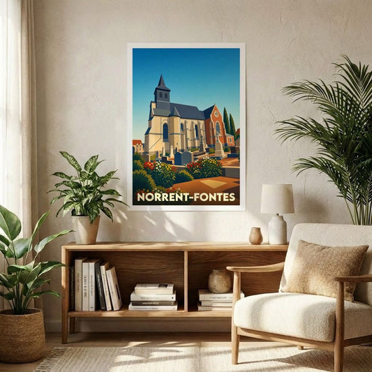 Affiche souvenir de la ville de Norrent-Fontes avec une illustration stylisée de son église.