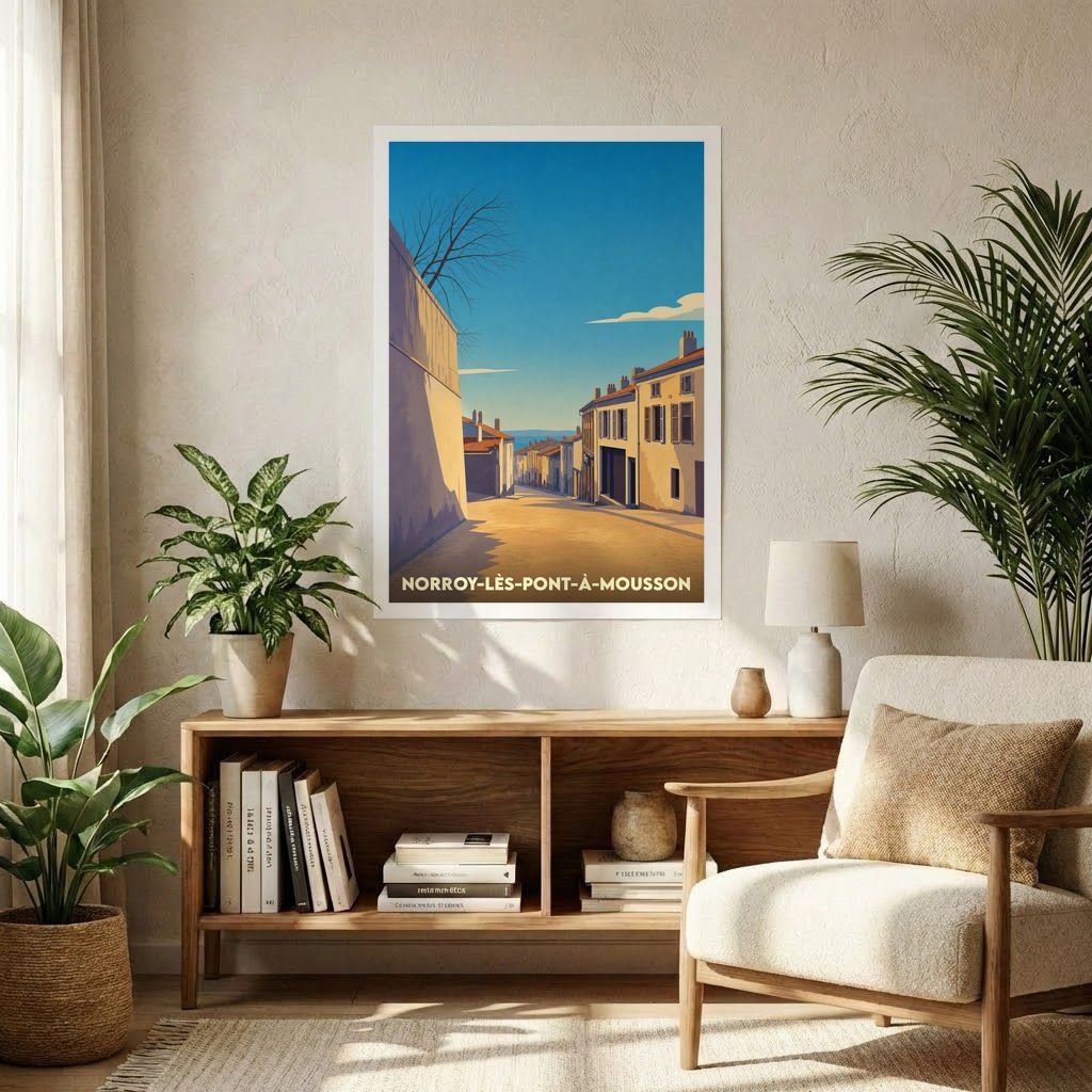 Affiche souvenir de la ville de Norroy-lès-Pont-à-Mousson avec une illustration stylisée d'une ruelle ensoleillée.