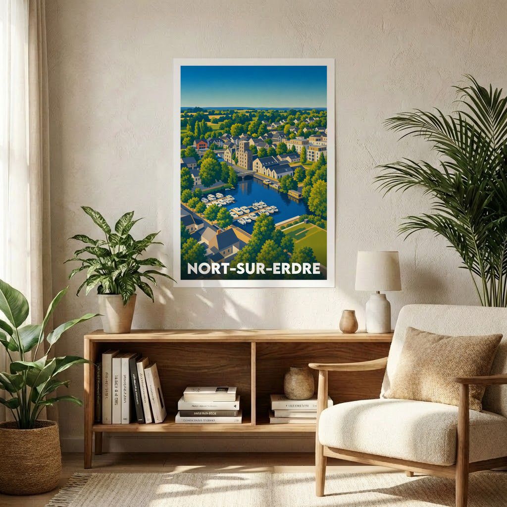 Affiche souvenir de la ville de Nort-sur-Erdre avec une illustration stylisée de son port de plaisance.